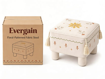 Floral Embroidered Fabric Ottoman – Tassel Corner Accent Footstool