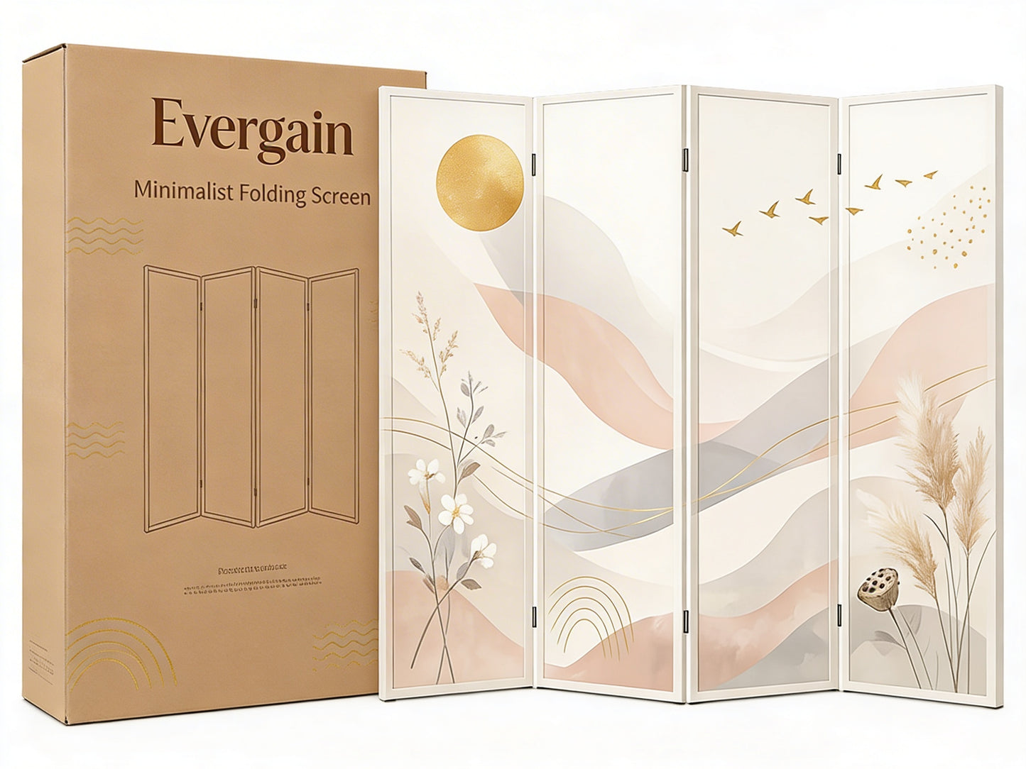 Abstract Landscape Folding Room Divider – 4-Panel Botanical &amp; Mountain Art Privacy Screen