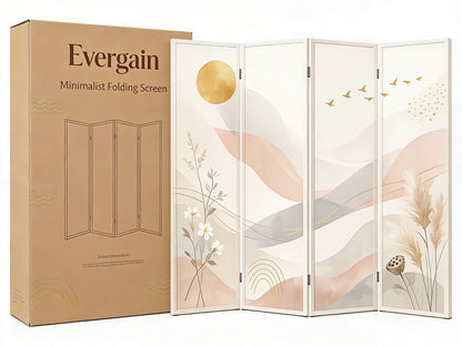 Abstract Landscape Folding Room Divider – 4-Panel Botanical &amp; Mountain Art Privacy Screen