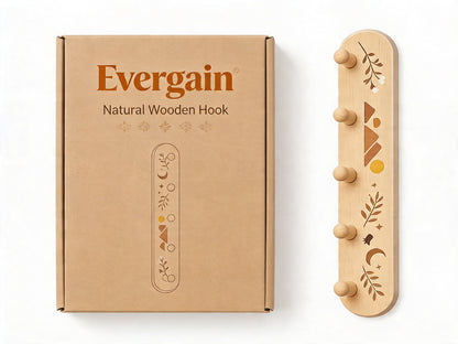 Natural Beechwood Wall Hook Rack – Mountain, Moon &amp; Botanical Inlay Design with 5 Round Pegs